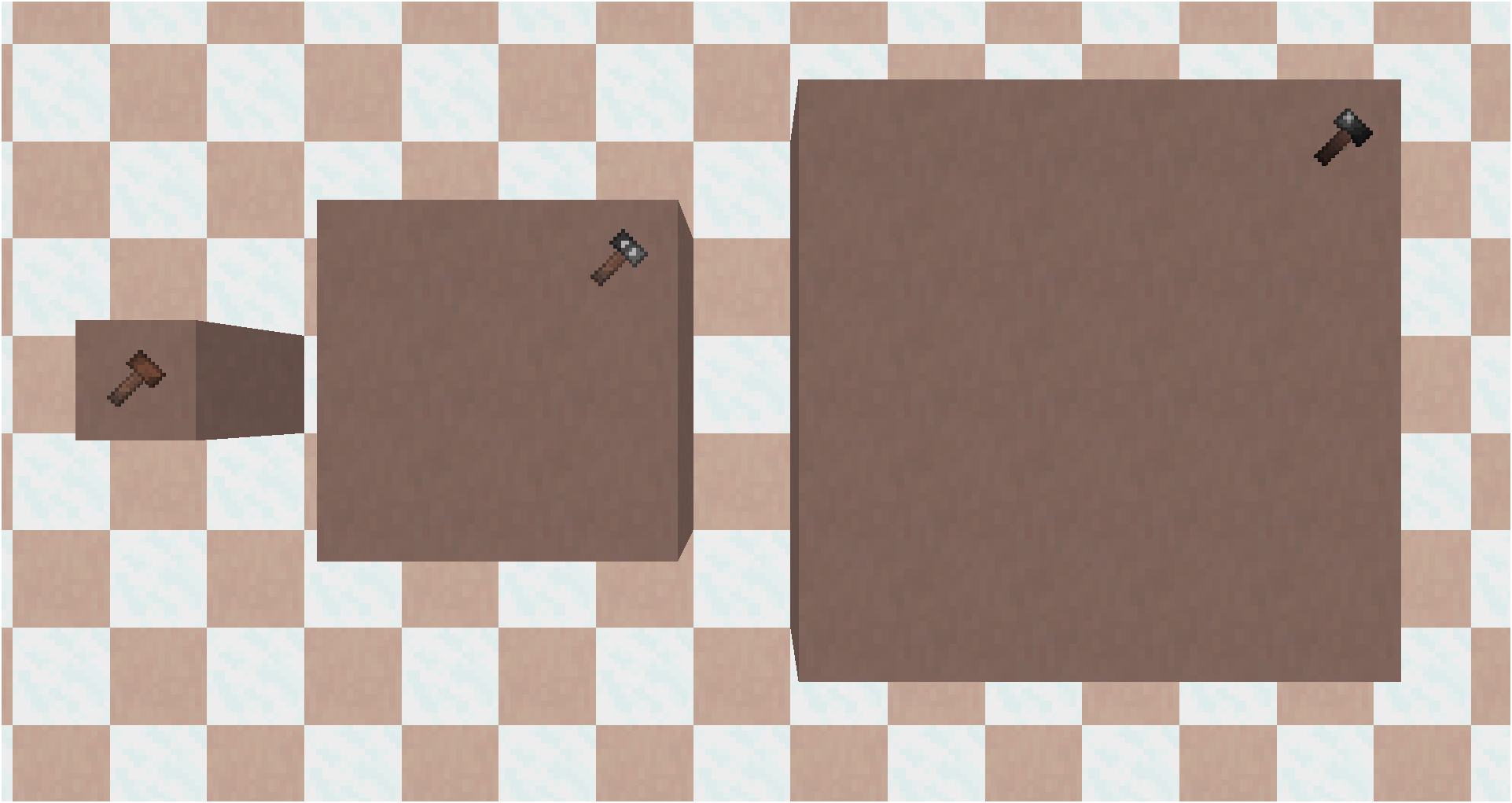 Visualization of the breaking boxes. Wooden hammer breaks in a 1x1, Iron 3x3, Netherite 5x5