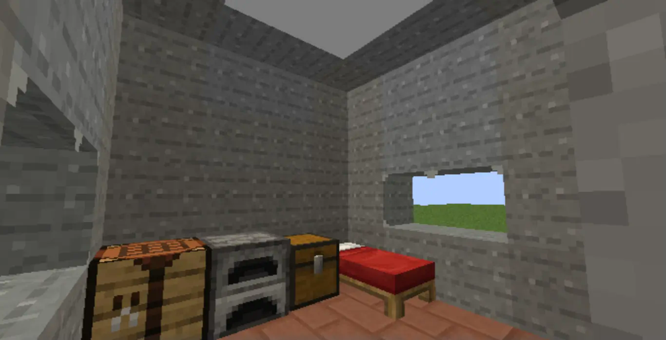 a picture of the house containing a red bed, chest, furnace and crafting table