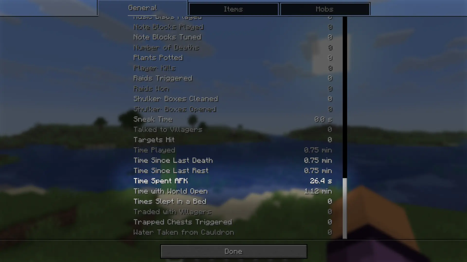 The "Time Spent AFK" entry on the statistics menu