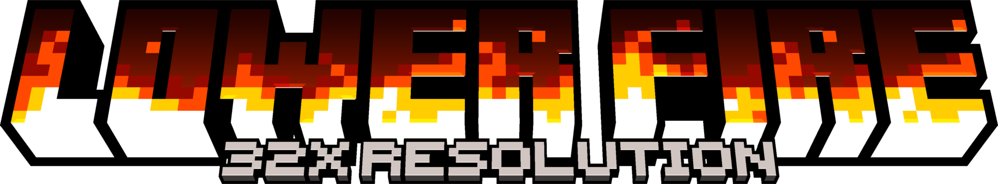 Pixelated Text "Lower Fire" written in Style of Minecraft game logo in color of brown and yellow gradient, and small pixelated "32x Resolution" written at just bttom.