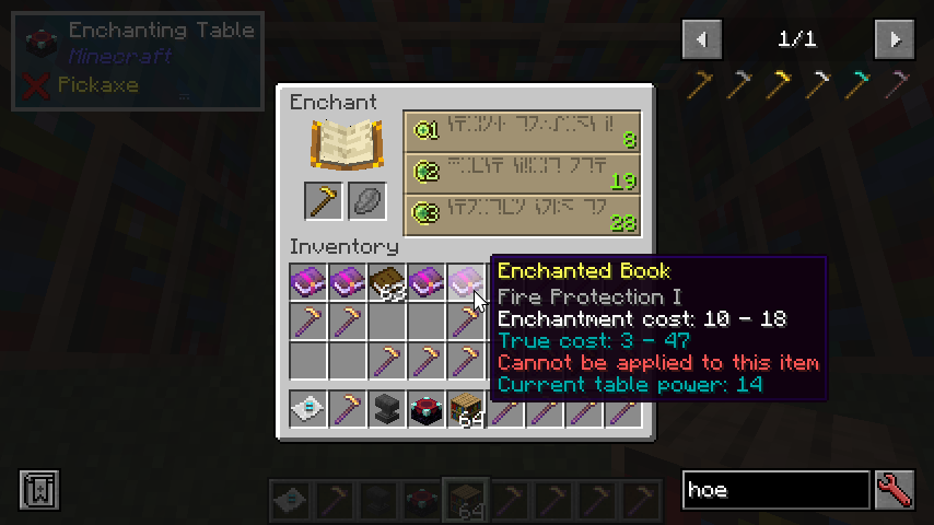 Fire Protection I with tooltip saying Enchantment cost: 10 - 18