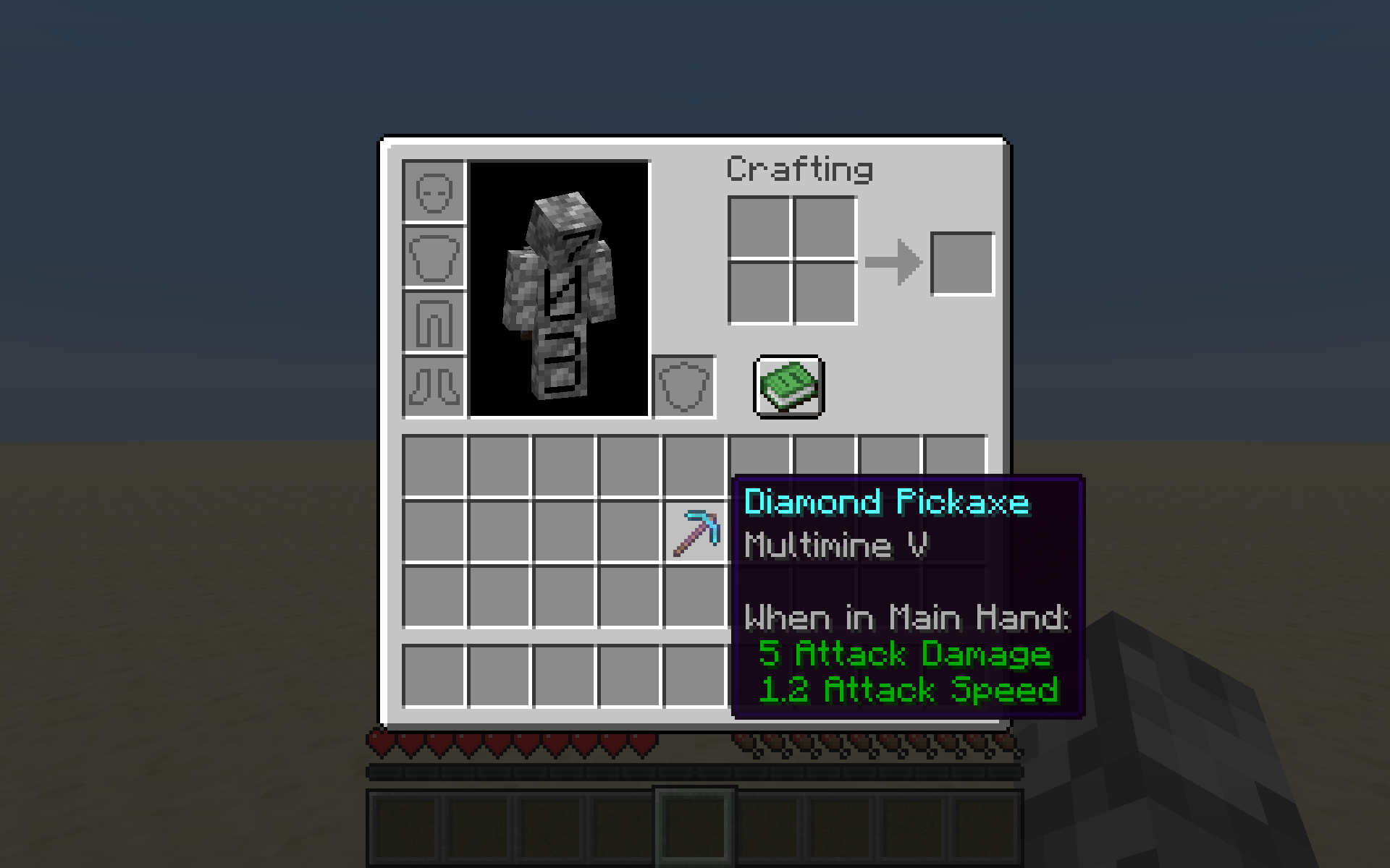 An enchanted pickaxe with the "Multimine" enchantment, at level 5.