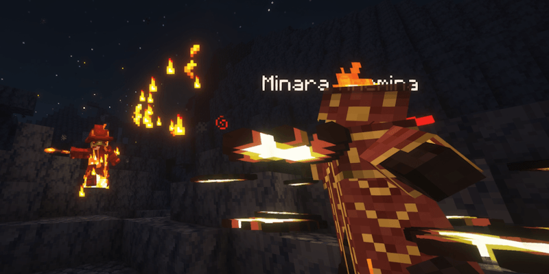 Scene with perspective over the shoulder of an enemy Fire Mage, who is shooting flame projectiles at a player