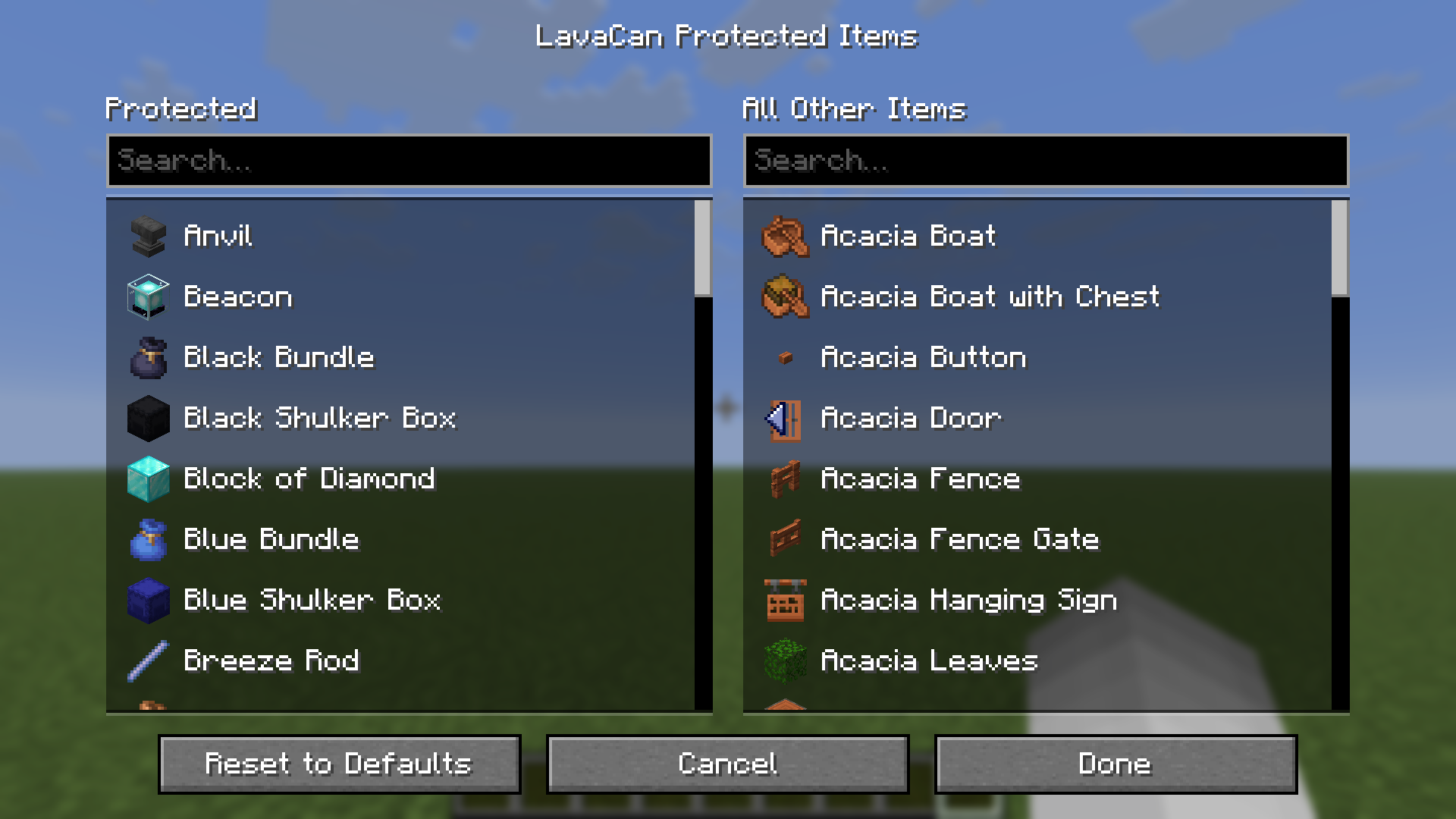 LavaCan protected-items picker in Mod Menu: two searchable columns of items, each row showing the item icon and name, with arrows to move items between the protected and unprotected lists