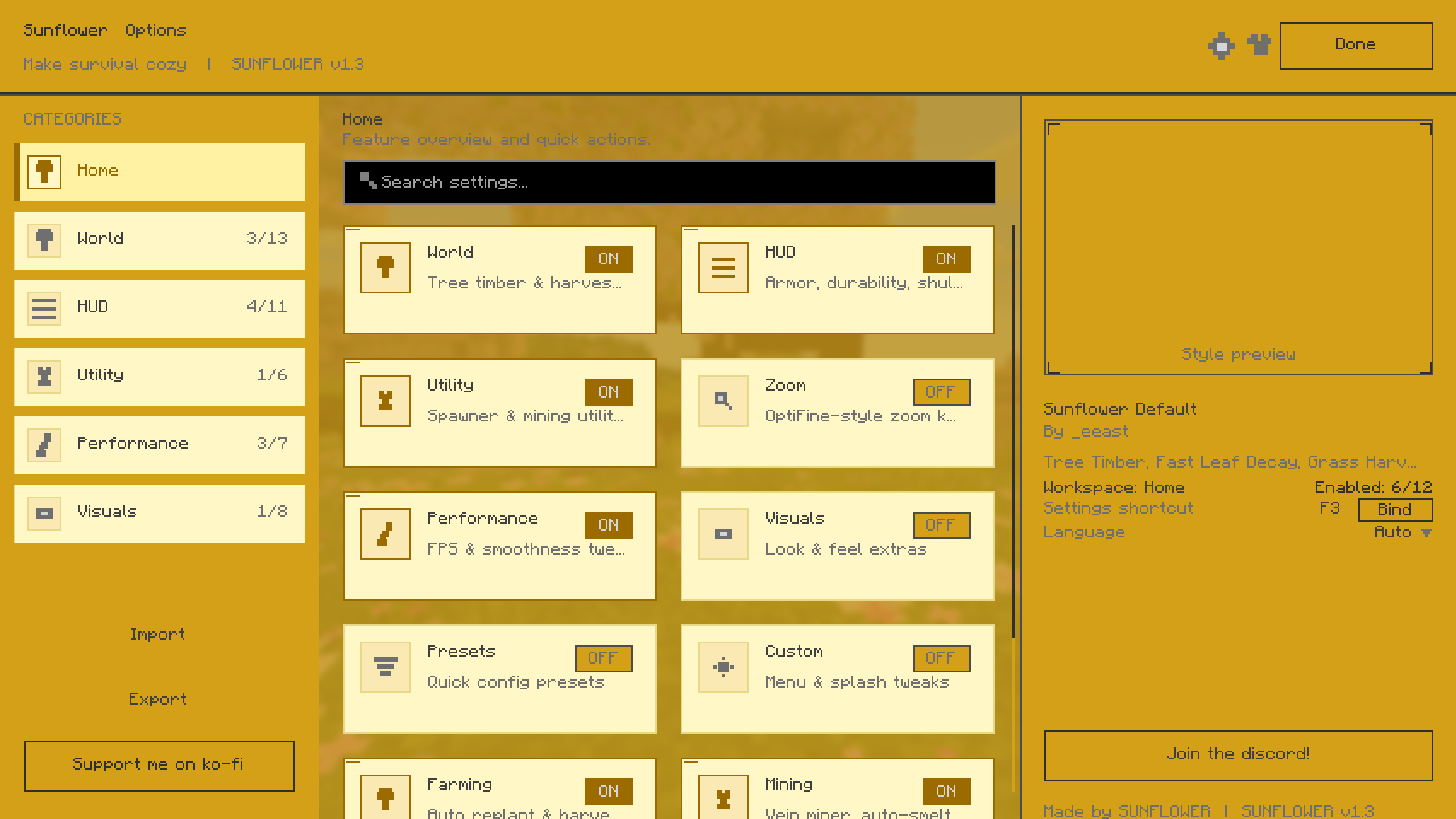 Sunflower Settings Menu