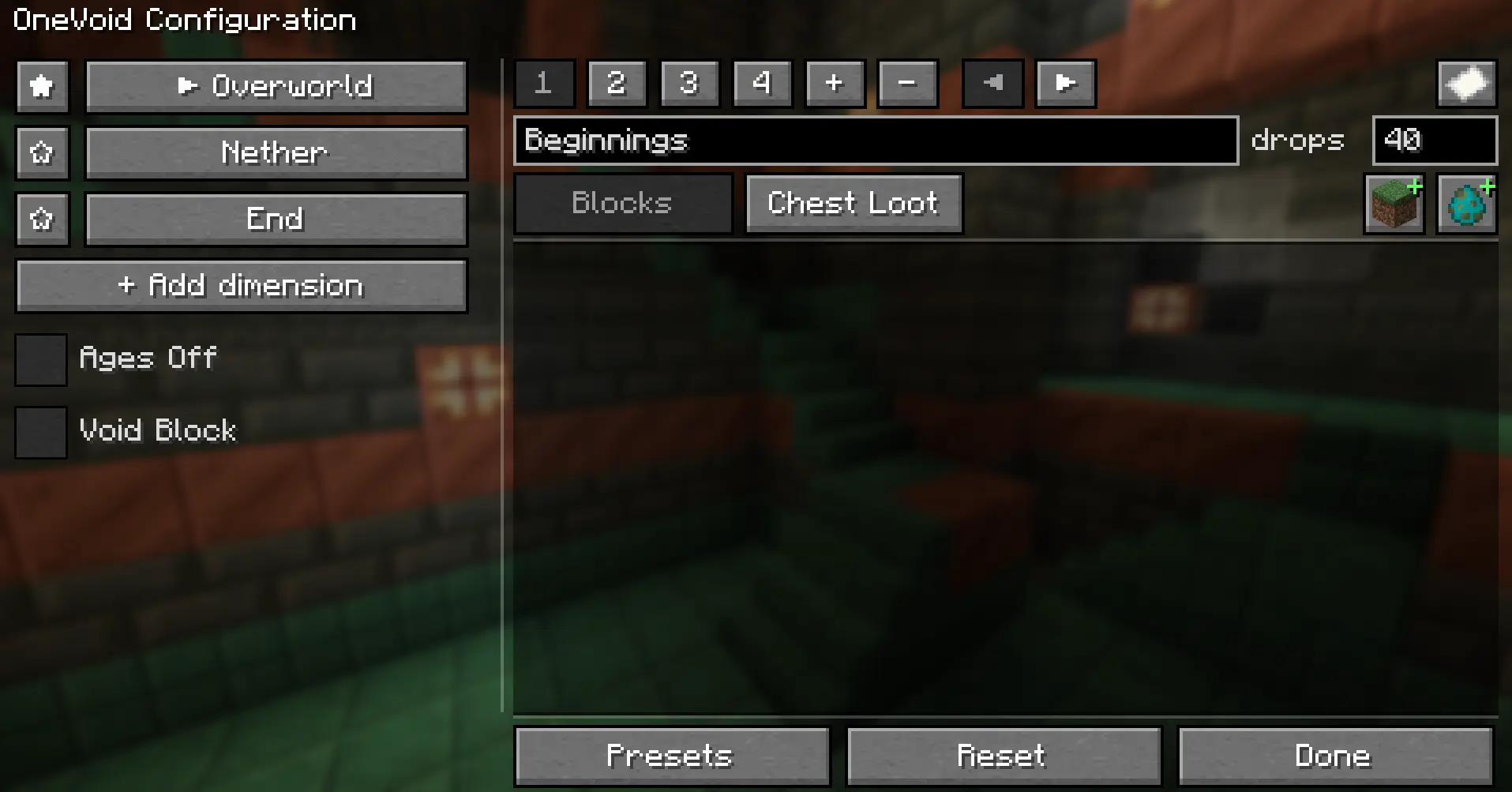 The 0.5.0 alpha Void Block Custmizatian screen