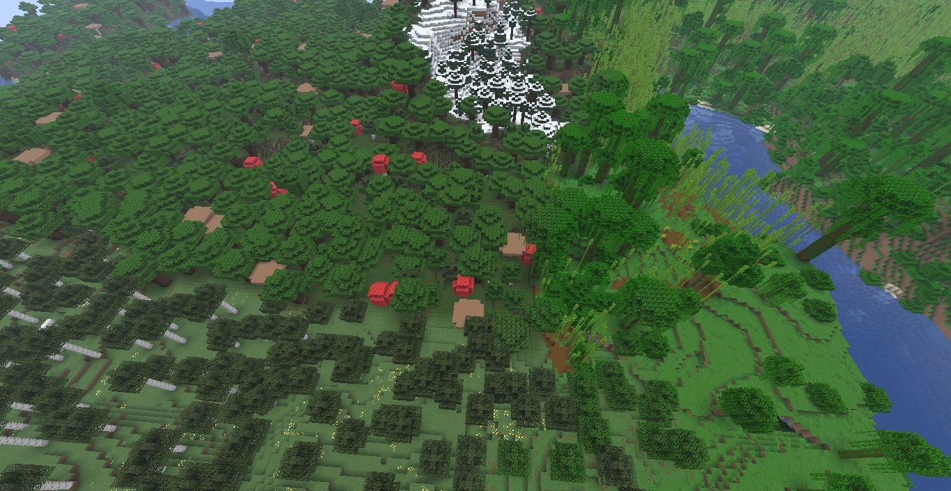 A birch forest, a dark oak forest, and a bamboo jungle meeting in one place