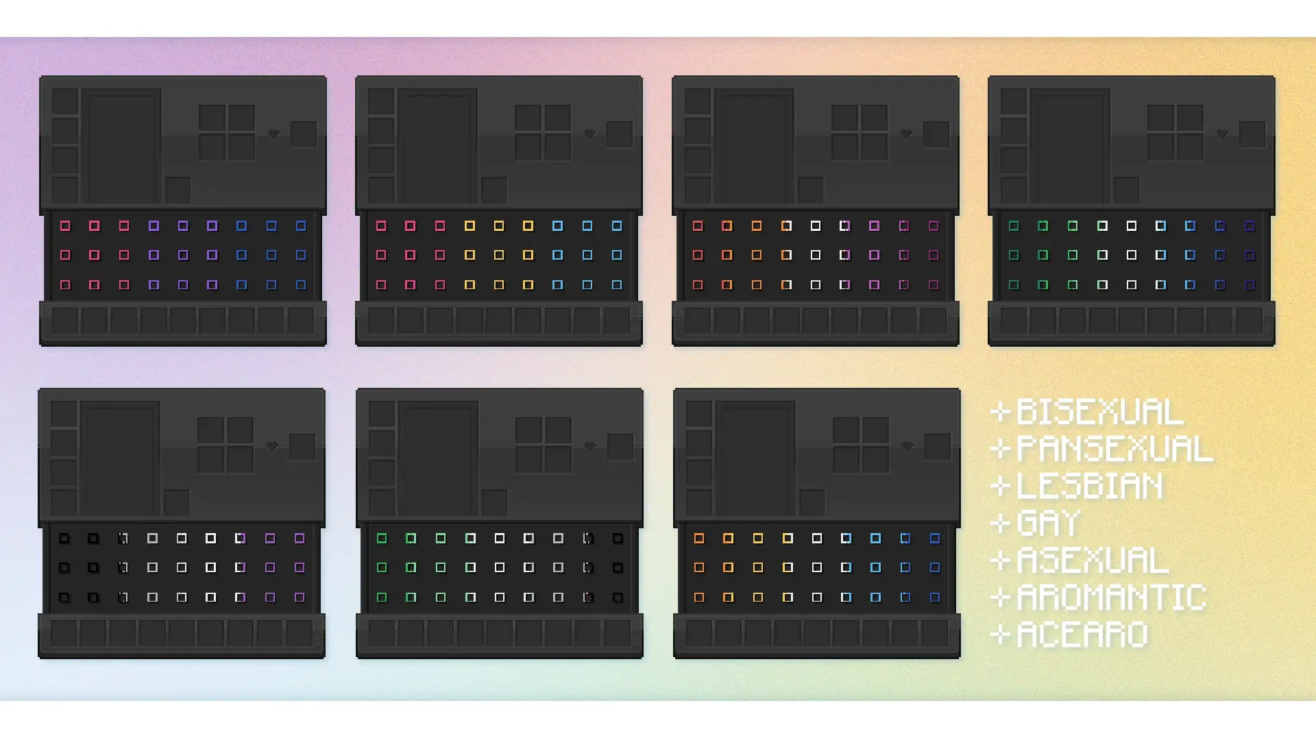 A colorful preview of some of the inventories included. In order: bisexual, pansexual, lesbian, gay, asexual, aromantic, and acearo.