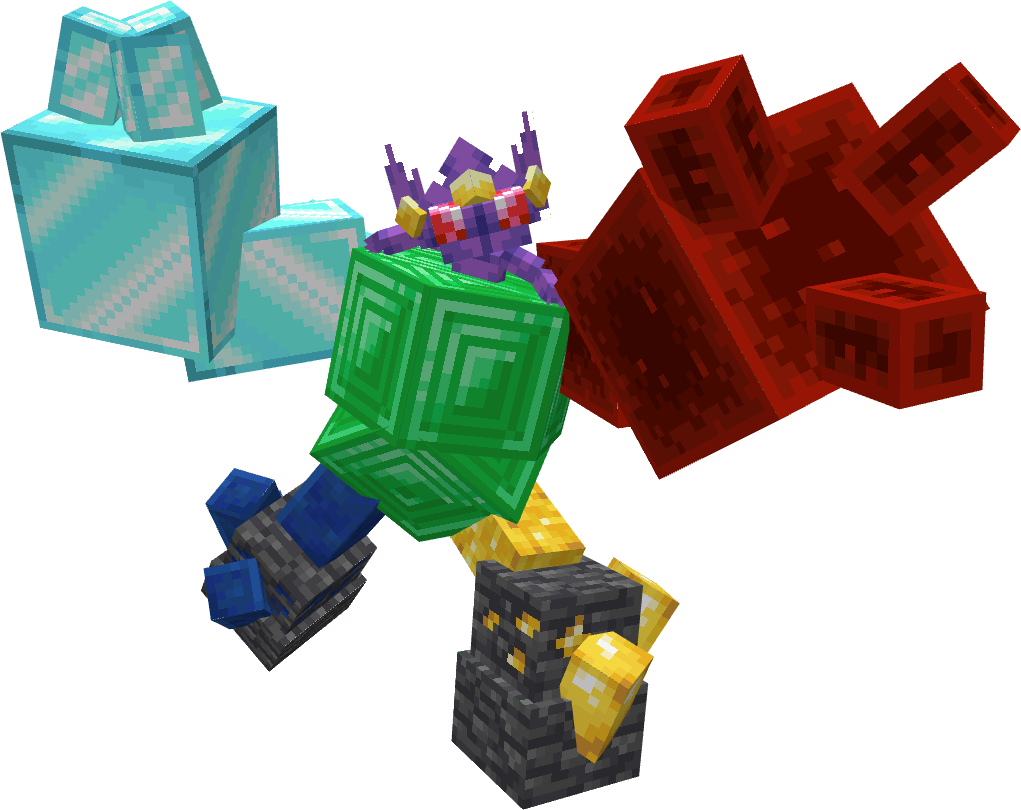 A Sableye attatched to a construct made of various ore materials from Minecraft
