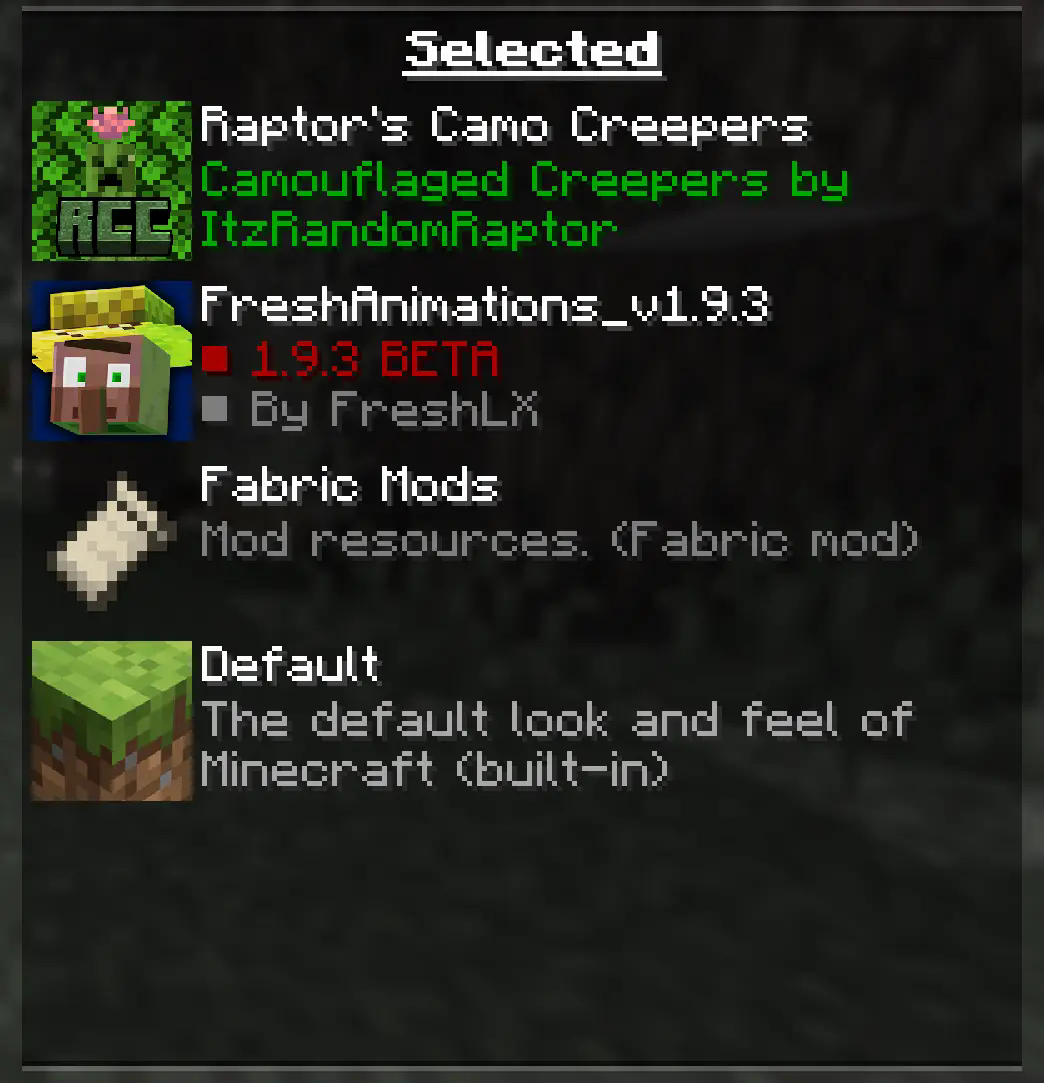 The pack above Fresh Animations in the Resource Pack selection screen.