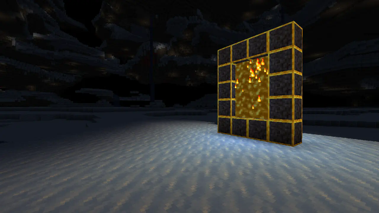 A screenshot of the Deep Underground portal, in the Frozen Cave biome that only exists in the new dimension.