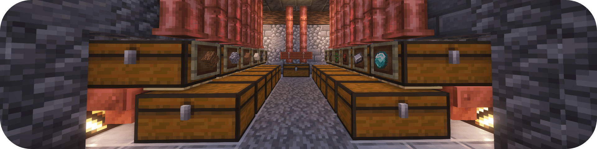 A storage room, showcasing the mods Simple Copper Pipes and Copper Hopper