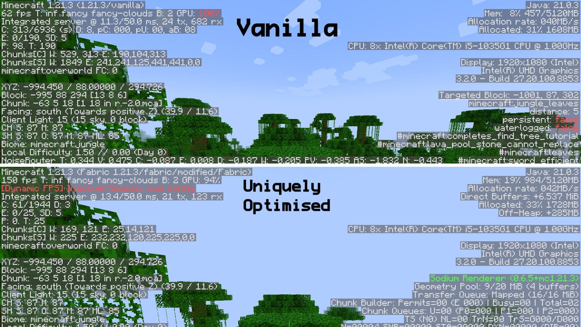 Comparison between Vanilla Minecraft and Uniquely Optimised modpack.