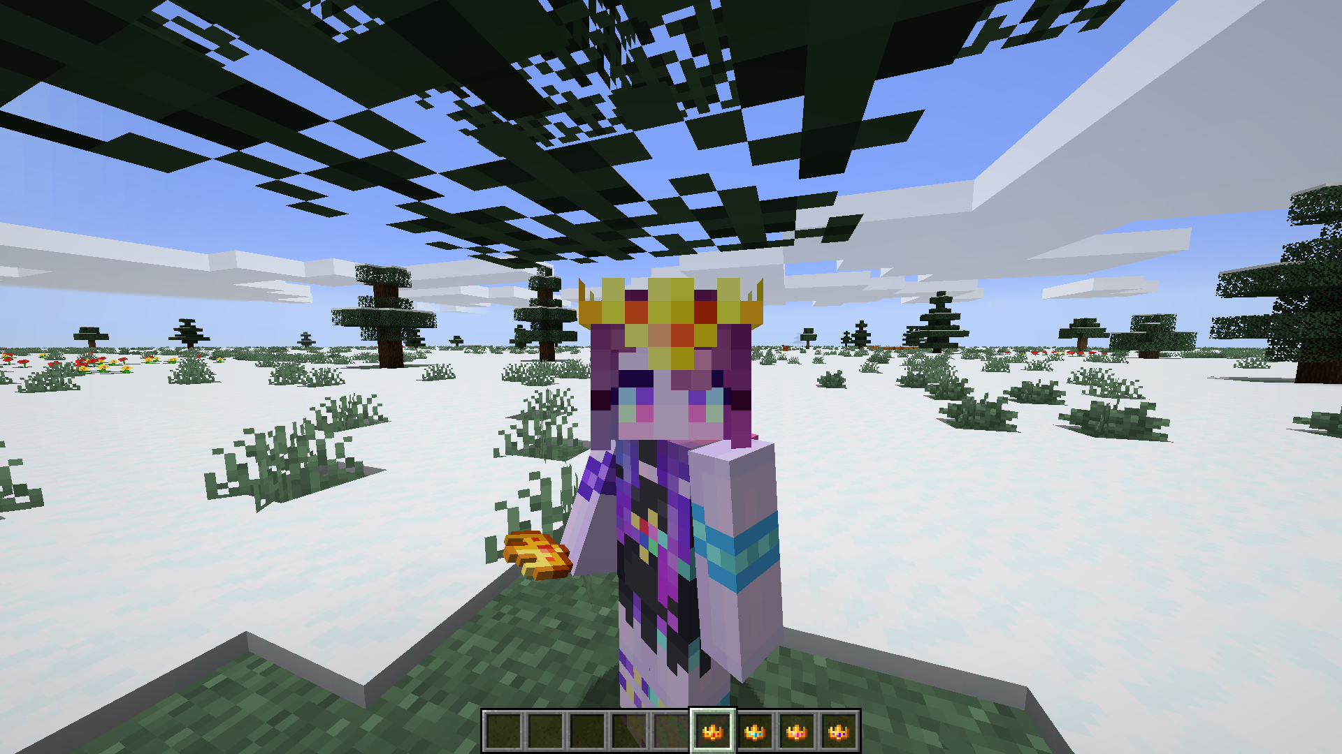 Minecraft Player wearing a gold helmet which is changed to look like a crown.