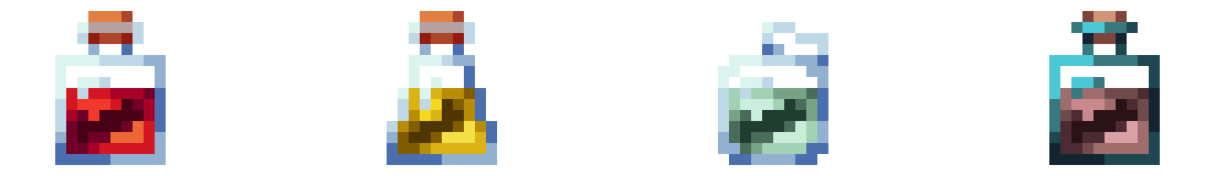 Four distinct potions lined up side by side.