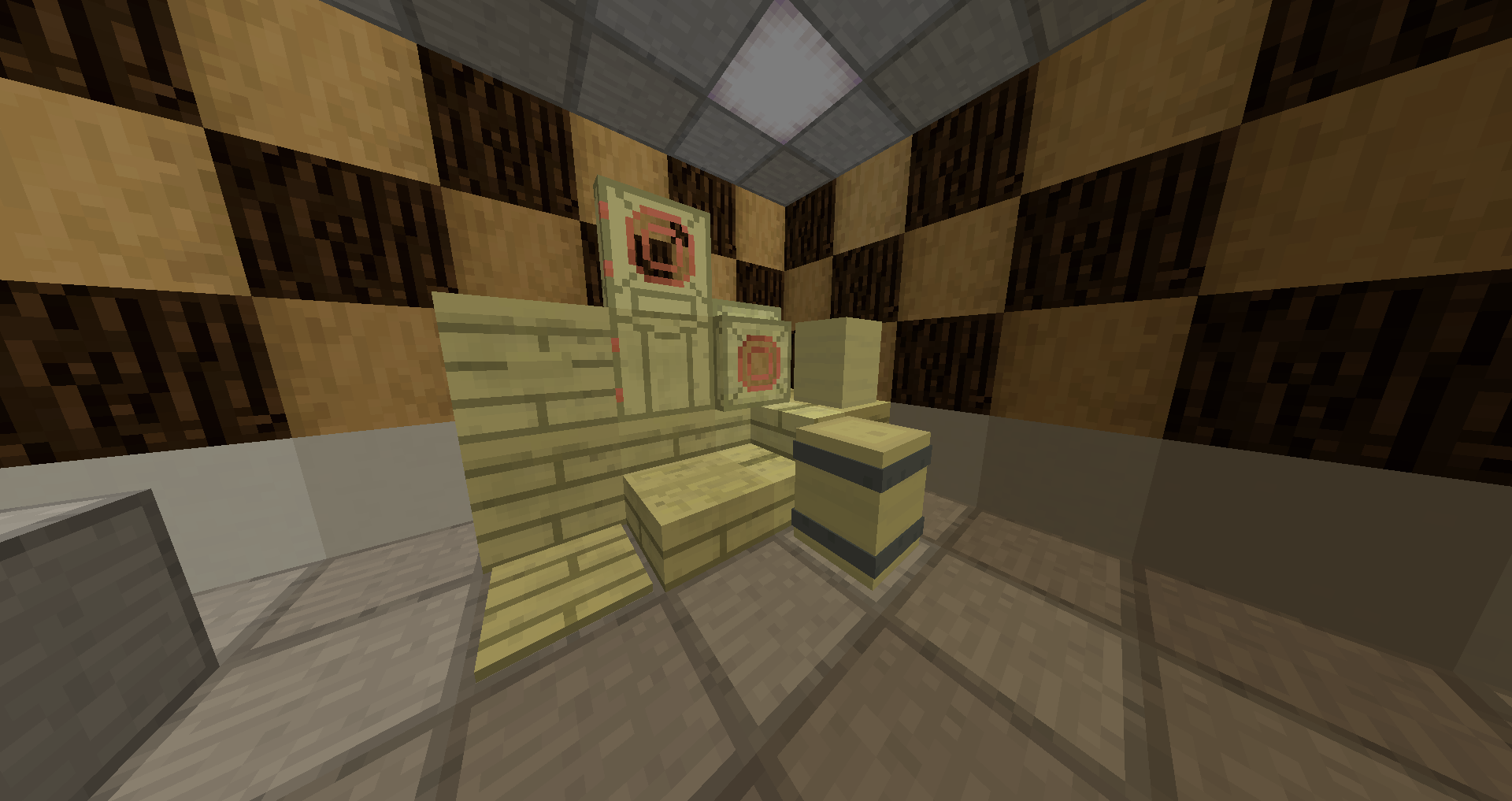 A pile of green wooden blocks in a room with spruce and  stripped oak checkaboard walls and smooth stone floors, the pile of blocks consist ofa few blocks with green yellow woodd slabs and stairs with the same collour, a door with a space for a name plate, large copper porthole and copper hinges and a similar trapdoor with the same large copper port hole, and a stripped cactus and similar block the cactus barrel witch looks similar with two thick iron bands circleing it.