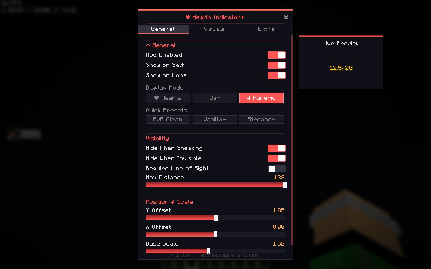 The sleek new translucent config screen featuring the interactive Live Preview box and core visibility toggles.