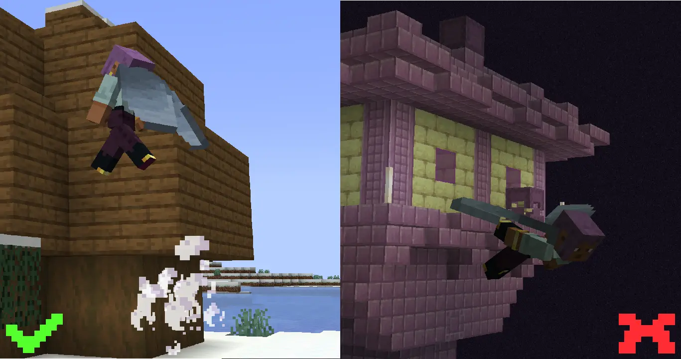 A player double jumping in the overworld, but gliding in the end