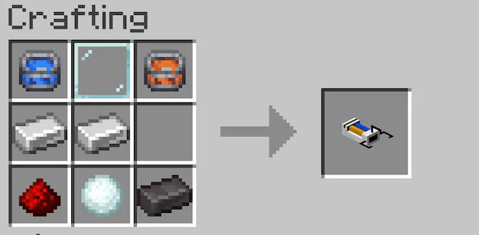 The craft of the paint gun. The first line: repulsion gel container, glass pane, propulsion gel container. The second line: iron ingot, iron ingot, nothing. The third line: redstone dust, snowball, netherite ingot.