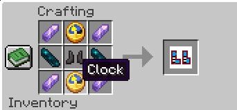 Chrono Boots crafting recipe: top row Amethyst, Clock, Amethyst; middle row Echo Shard, Netherite, Echo Shard; bottom row Amethyst, Clock, Amethyst.