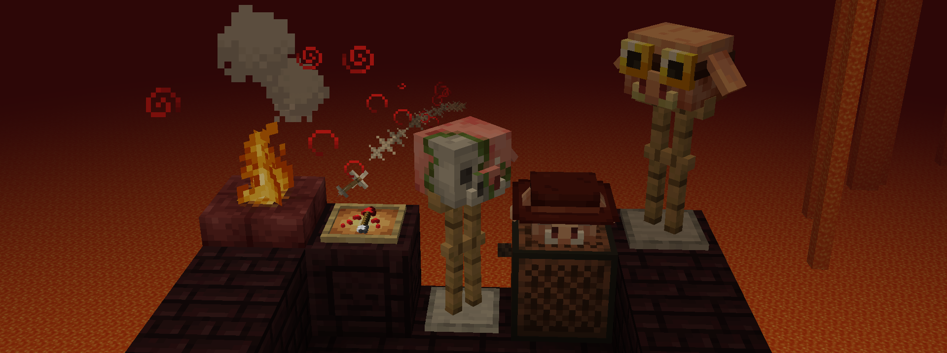 A display of Piglin Proliferation's miscellaneous features - a Fire Ring, a Healing arrow (representing the changes to it), and some of the new Piglin Head variants on armour stands and a note block.