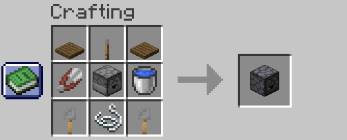 Recipe for the block. 2 trapdoors, a lever, shears, dropper, bucket of water, 2 tripwire hooks, and a piece of string. Shaped recipe.