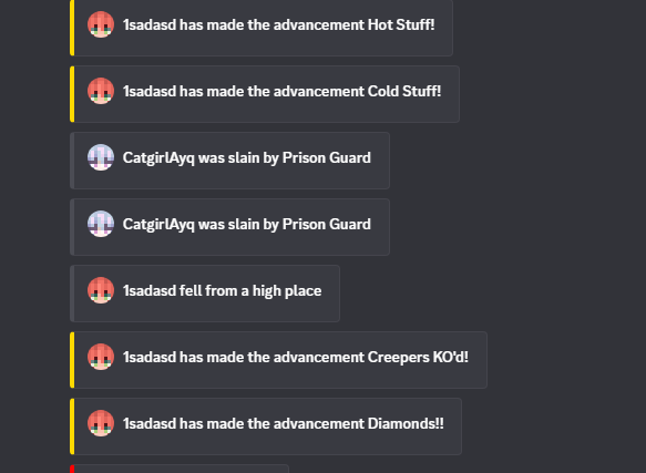 A Discord chat log displaying custom Minecraft server notifications. The log shows a series of user activity messages, including player deaths like "CatgirlAyq was slain by Prison Guard" and "1sadasd fell from a high place." Interspersed are custom game achievements highlighted with a yellow vertical accent bar, showing player "1sadasd" completing advancements like "Hot Stuff!", "Cold Stuff!", "Creepers KO'd!", and "Diamonds!!".