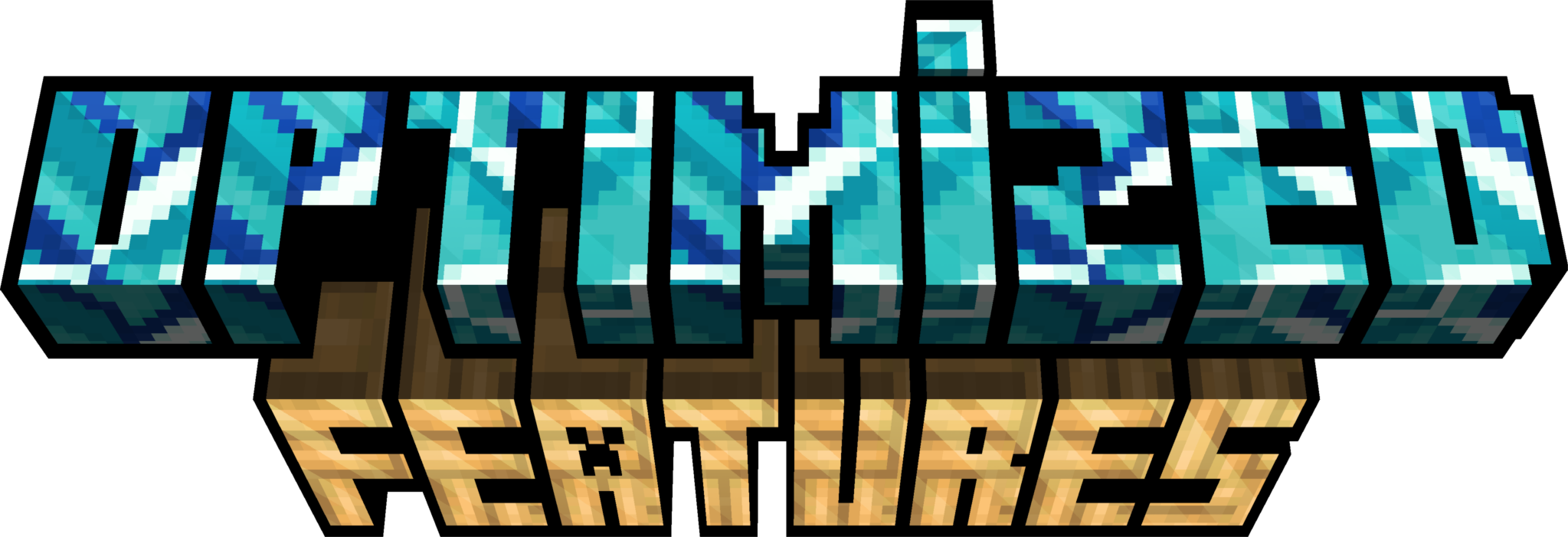 The big logo of the modpack. It says 'Optimized Features'. 'Optimized' has light blue glazed terracotta as an background and 'Features' has an background with bamboo mosaic with a slight hue. The 'i' in 'Optimized' also has an outstanding dot.