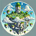 Logo for the modpack Modern Hypixel Skyblock. It features a floating island made of blocks and several smaller floating features