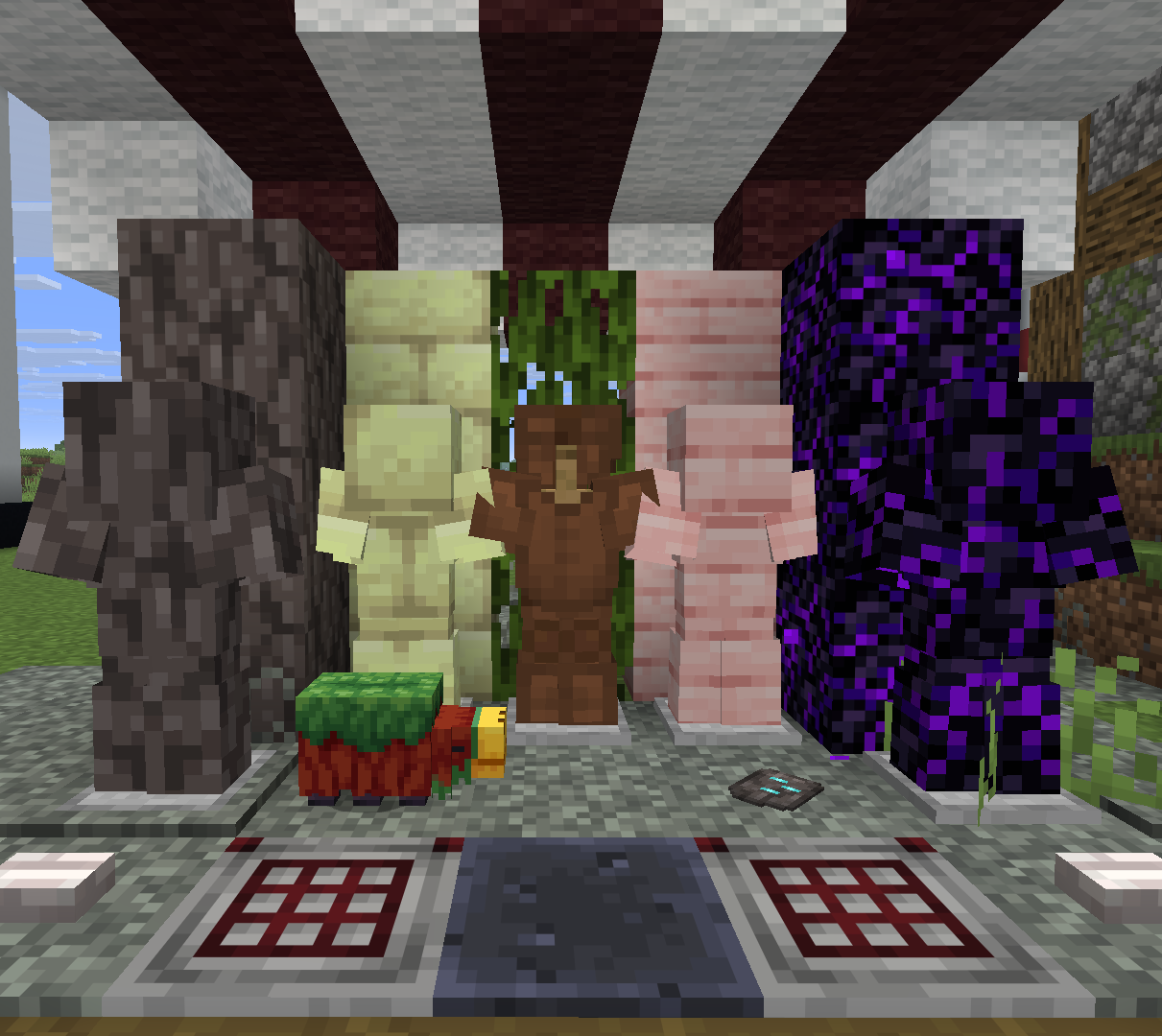 A set of armor stands wearing different types of camo armor