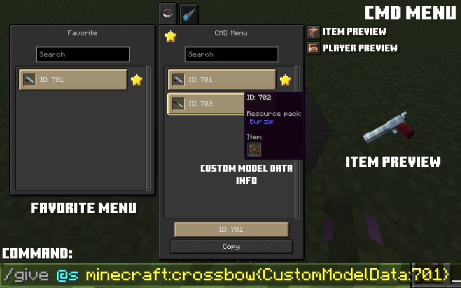 CMD Menu - In the middle you can see a list of CMD item ids, on the right you can see preview of your selected item or your skin with it (to change it just use two buttons above), on the left there is a favorites panel, there you can store your favorite CMD item ids, at the top you can see tabs for different resource packs