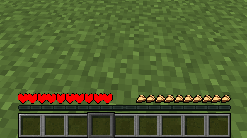 Minecraft hotbar showing Undertale-style red souls as health and butterscotch pies as hunger.