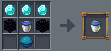 Bottomless water bucket recipe. Three diamonds in the top row, a water bucket in the center, one obsidian to the left and right of the water bucket, and a heart of the sea beneath the bucket.