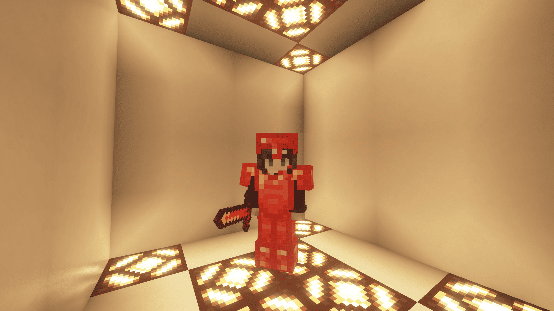A full ruby armor set on a Minecraft player.