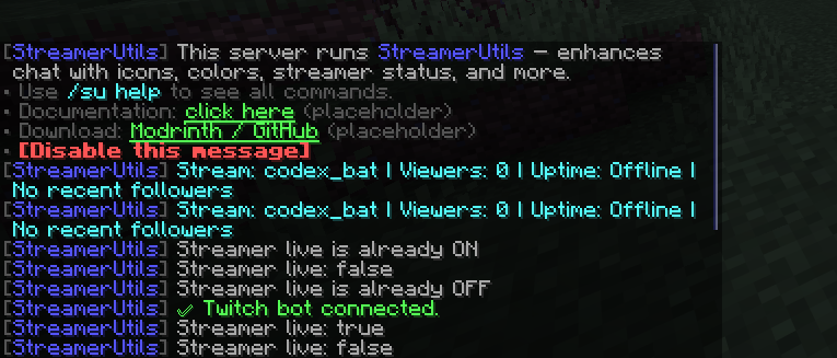 A screenshot of Minecraft's in-game chat, showcasing an early developmental version of the mod's interactivity.