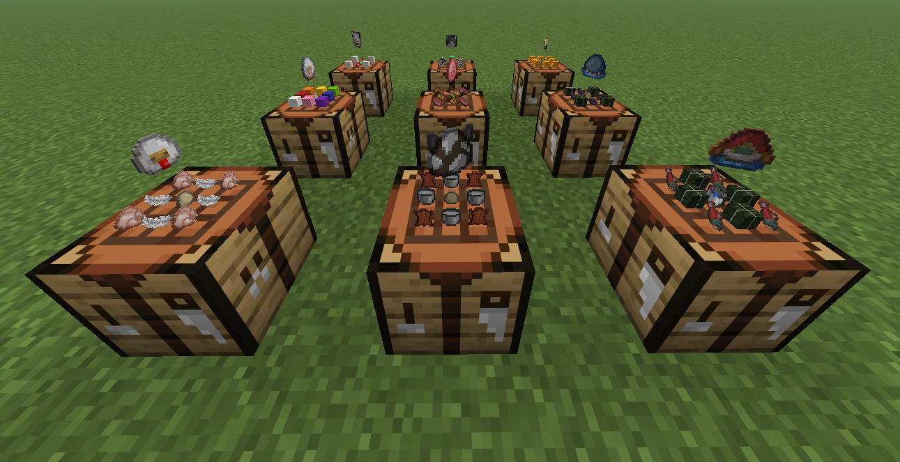 9 crafting tables in a 3x3 pattern with items placed on top in each block of the crafting table. Floating above those items are spawn eggs for a wolf, cat, bee, sheep, pig, squid, chicken, cow, and salmon.