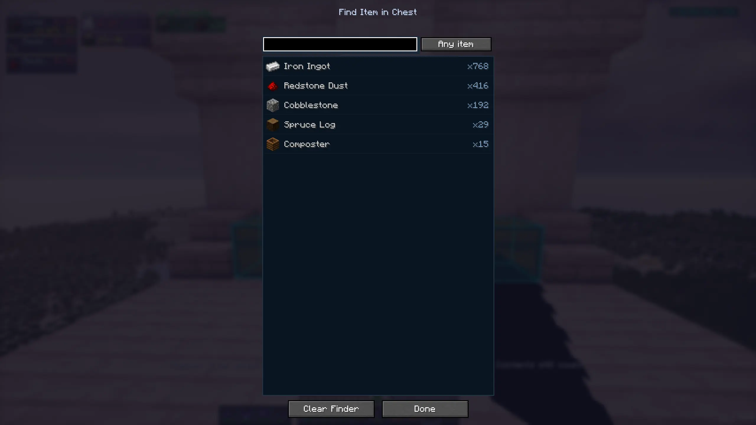 Item finder showcase showing a searched item in tracked chests