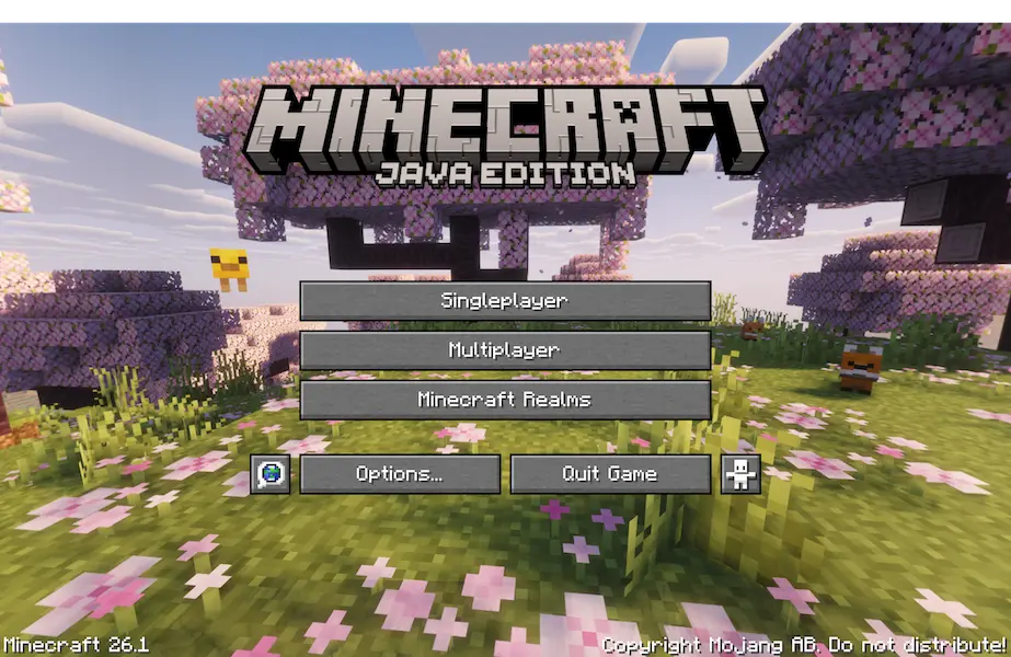 Minecraft title screen with 26.1 Tiny Takeover Panorama with shaders