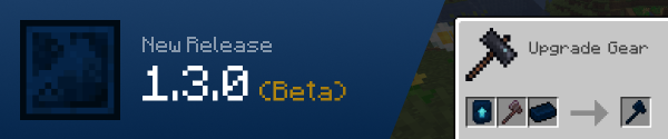 On the left, there is an Abyssium mod icon. On the right side of it, it reads "New Release" and below it, there is a text that reads "1.3.0 (Beta"). On the right, it shows the user interface of the smithing table with an Abyssium Upgrade Smithing Template, Netherite Axe, and an Abyssium Ingot. It is used to craft an Abyssium Axe.