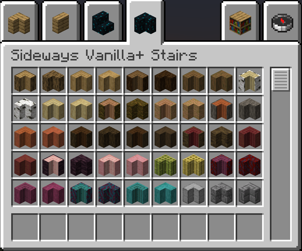 In-game screenshot of the custom creative inventory tab filled with sideways vanilla+ stairs