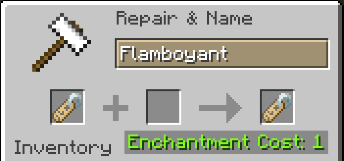 A screenshot of the anvil menu from Minecraft. It displays a nametag being renamed in the anvil to "Flamboyant ".