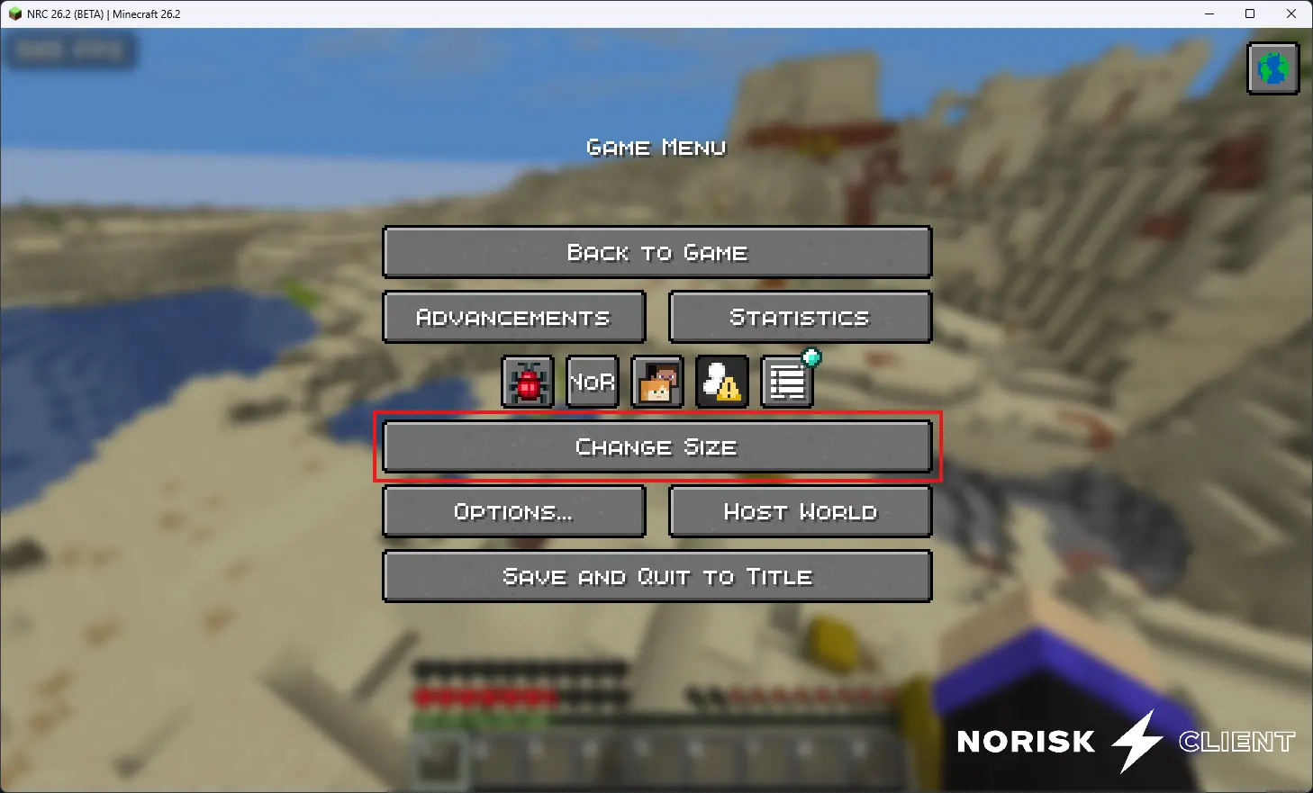 Picture of the minecraft pause screen with the button "change size" marked in red.