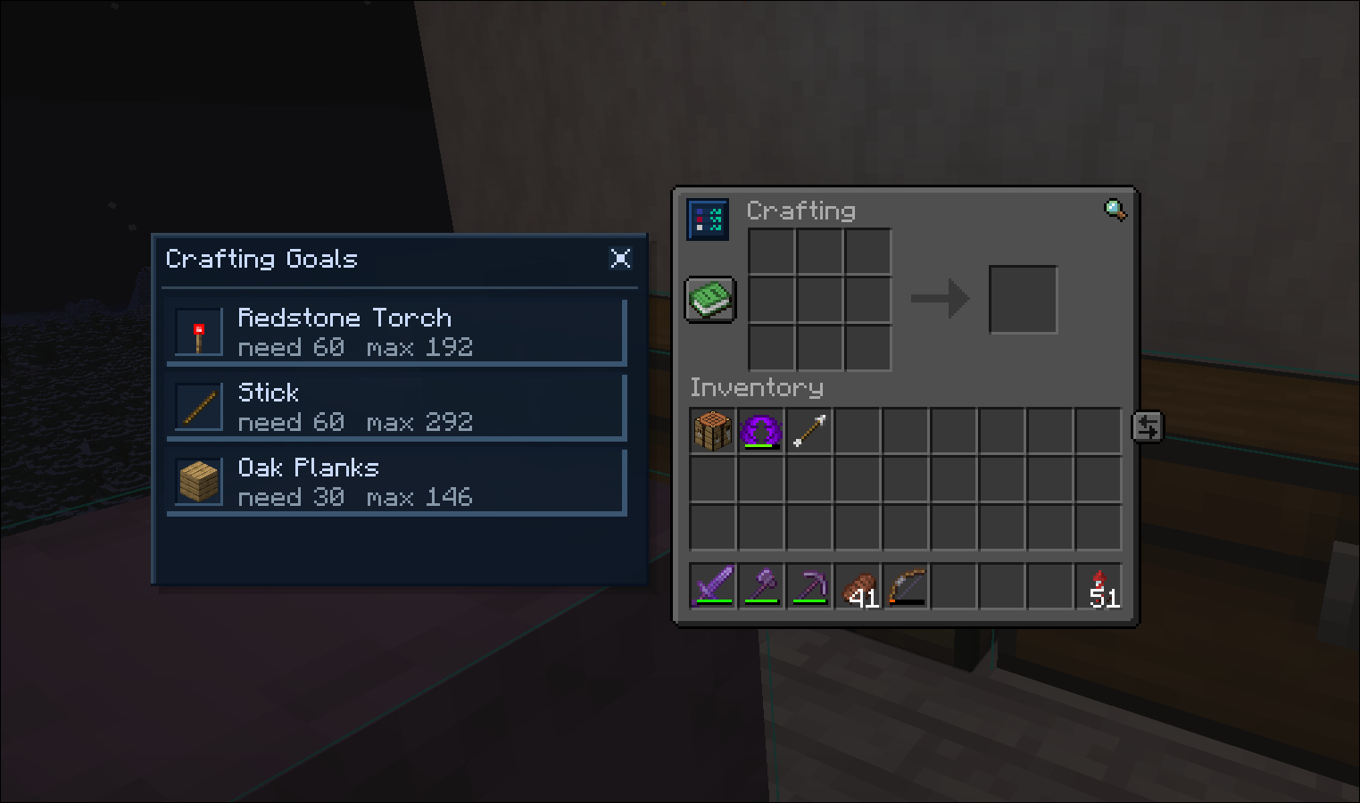 Crafting overlay showcase showing craftable goals in the crafting table panel