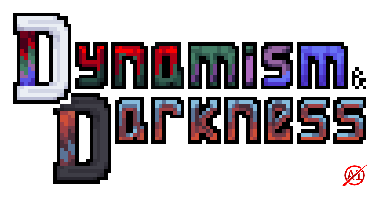 the logo for this mod, "Dynamism & Darkness", the word "Dynamism" has a white capitalized D with red, dark teal, purple and blue letters, and "Darkness" has a black capitalized D with red letters lit with blue light. at the bottom right corner, a small "NO AI" sticker