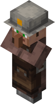 Minecraft villager with a leather apron and a mining cap