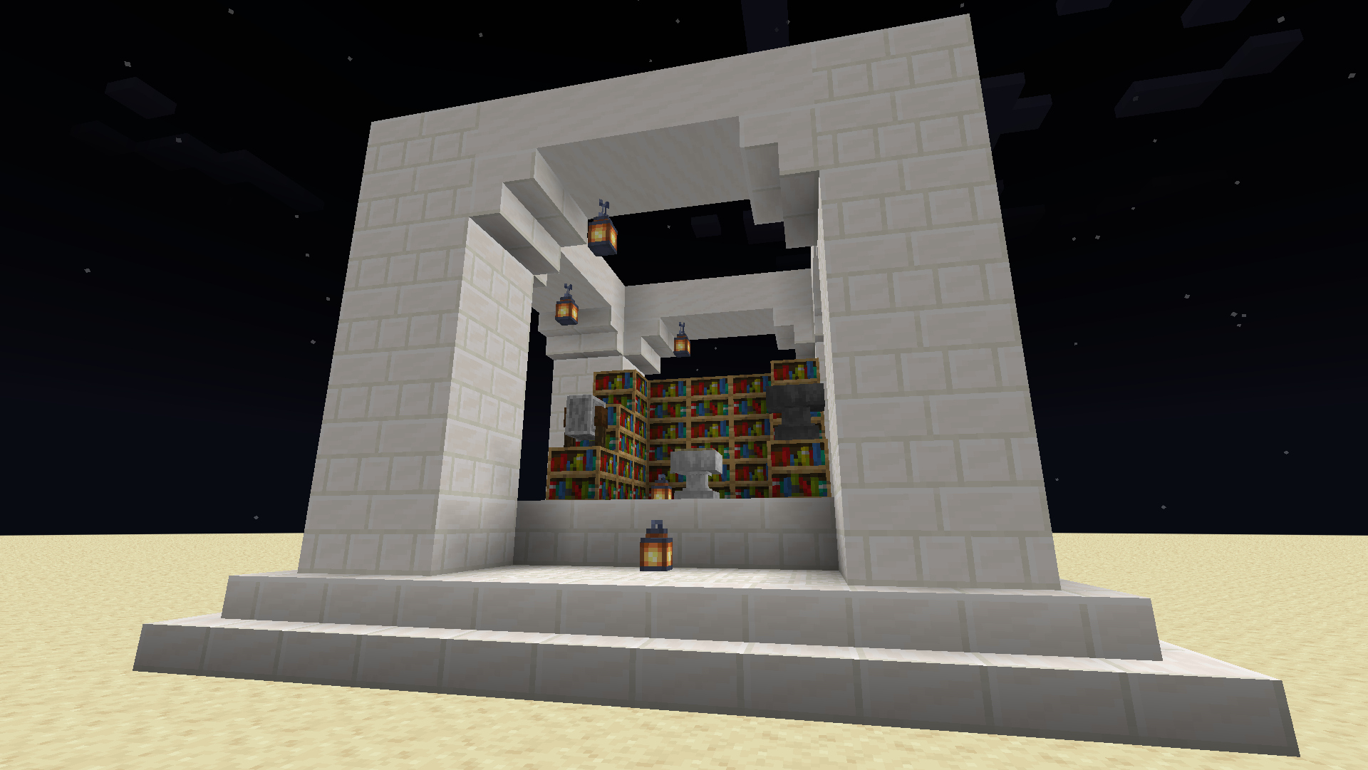 A white box, made of quartz, with bookshelves, an anvil, a grindstone, and an altar inside.