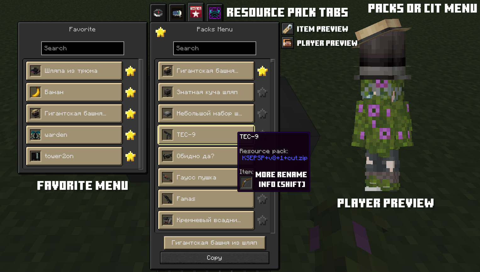 CIT or Packs Menu - In the middle you can see a list of item renamings, on the right you can see preview of your skin or your selected item (to change preview just use two buttons above), on the left there is a favorites panel, there you can store your favorite item renamings, at the top you can see tabs for different resource packs