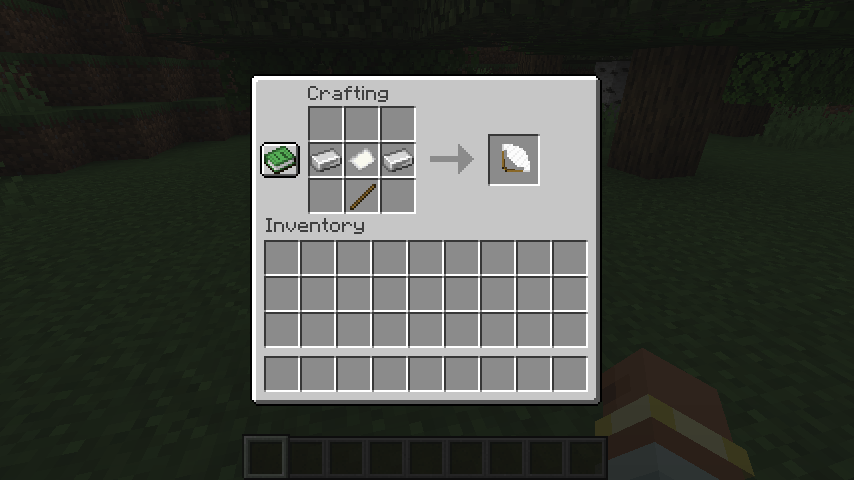 Iron War Fan recipe. it has paper in the middle, a stick under it and iron ingots to either side of it