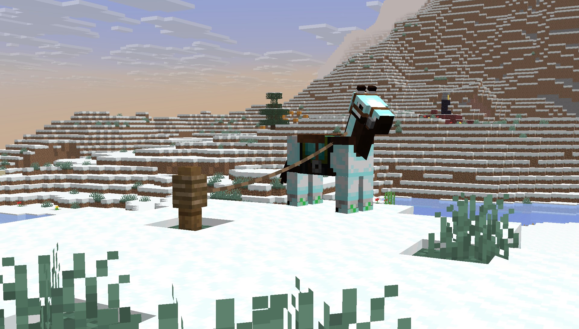a dark horse with the almost white armor standing in a snowy plain, behind the horse is an ice river that you can barely see, and a snowy hill with a nice taiga tree and the orange color of the sunset on the other side.