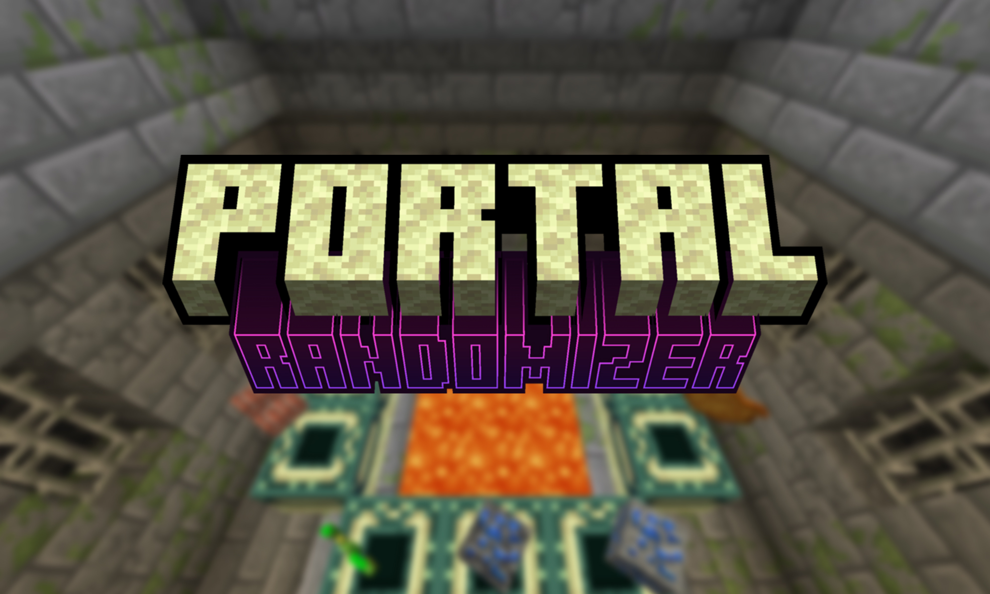 The Portal Randomizer logo text over a blurred screenshot of a stronghold portal room.